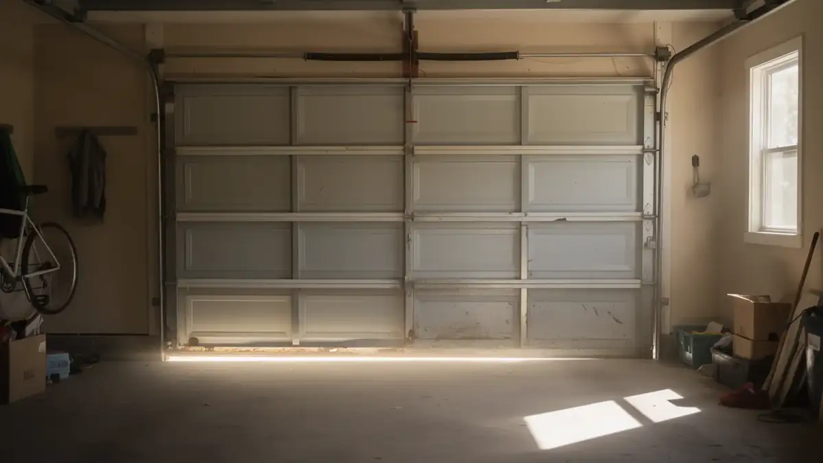 A closed white garage door with a torsion spring and tracks.
