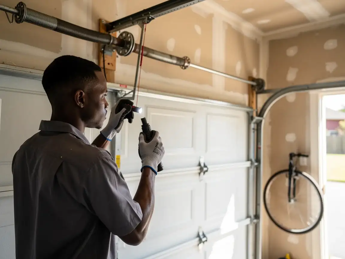 A technician shines a flashlight on a garage door torsion spring.