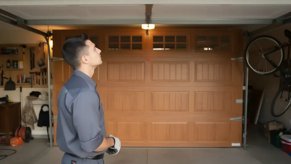 A technician in a gray shirt looks up at a closed wooden garage door.