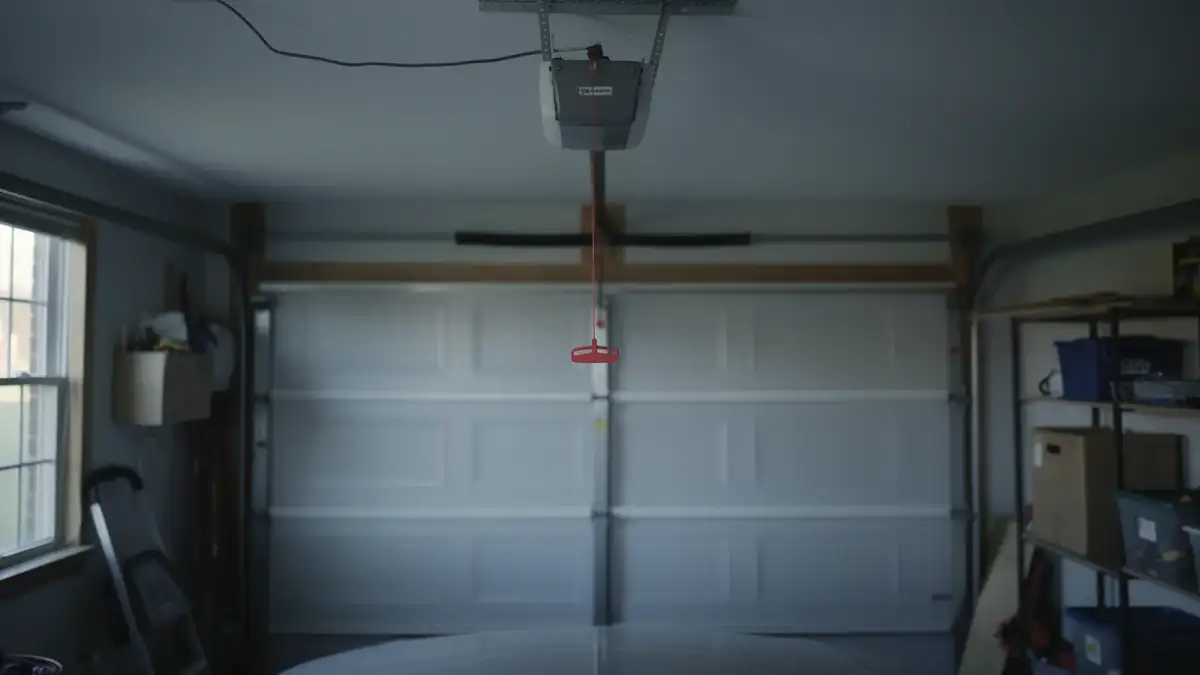 A garage door opener hangs above a closed white garage door.