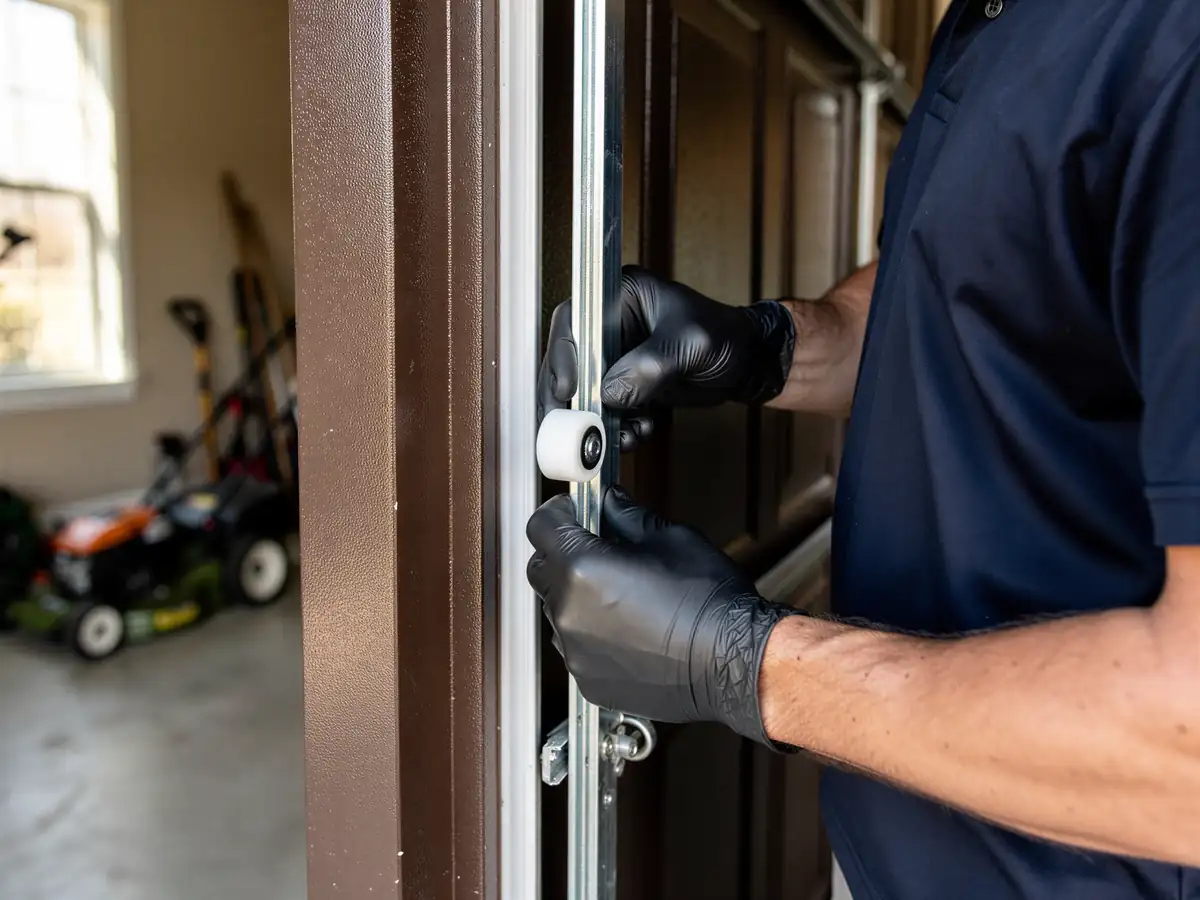 A technician wearing black gloves is installing a roller on a garage door.