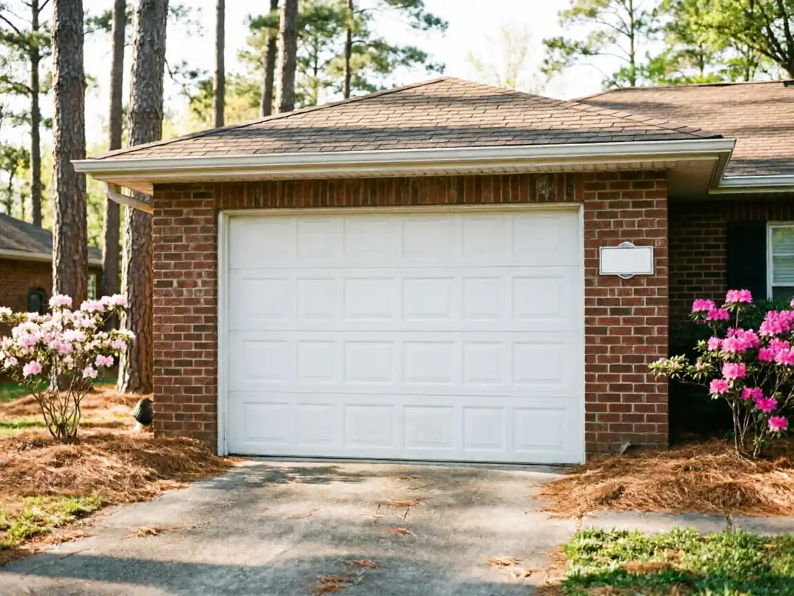 A white paneled garage door is on a brick house with pink flowers.